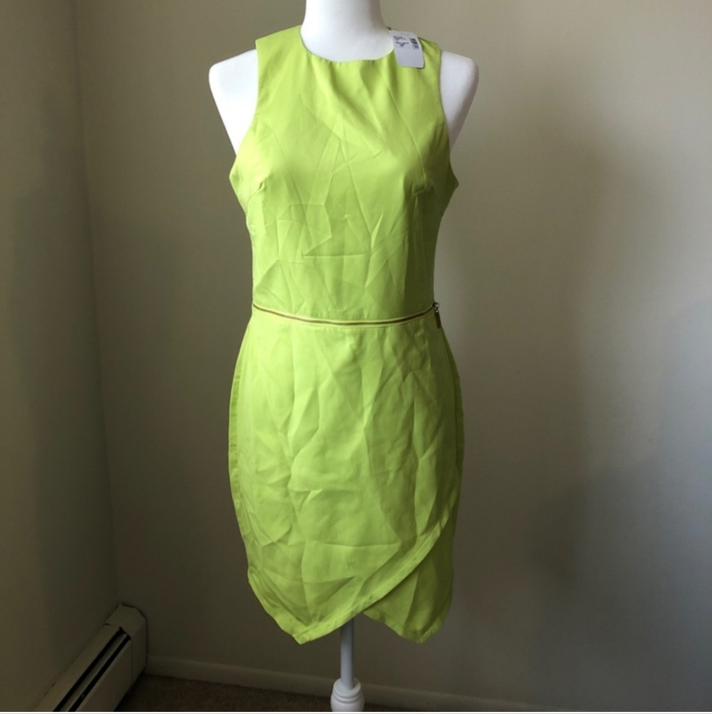 Naven zip up waist neon lime green sleeveless dress asymetrical hem party dress